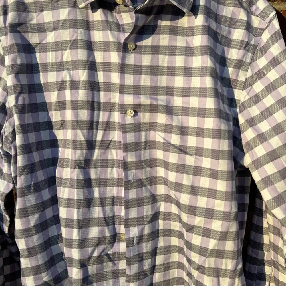 Banana Republic Gray and Light Purple Grid Grant Fit Non-Iron Button Down Shirt